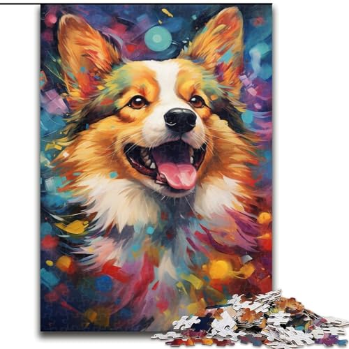 1000-teiliges Puzzle für Erwachsene, farbenfrohes Gemälde mit Corgi-Hund, Holzpuzzle, anspruchsvolles Denkspiel für Teenager, Spaß für den Familienspieleabend (Größe 26x38cm) von WGLINGX