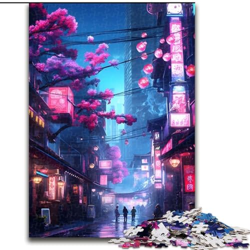 1000-teiliges Puzzle für Erwachsene,Titel: Neon Sakura Street,Puzzles 1000 Teile für Erwachsene,Spielzeug,Geschenk,pädagogisches intellektuelles Entspannungsspiel,lustiges Familienspiel,Größe 26x38cm von WGLINGX