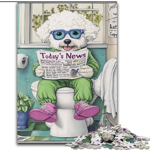 1000-teiliges Puzzle für Erwachsene „Bichon Frise Go Toilet“, Holzpuzzle für Familieninteraktion und lustiges Geschenk, lebendiges abstraktes Design (Größe 50x75cm) von WGLINGX