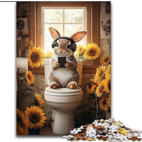 1000-teiliges Puzzle für Erwachsene „Kaninchen auf der Toilette“, Holzpuzzle für Erwachsene, bunt, lustig, herausfordernd und knifflig (Größe 50x75cm) von WGLINGX