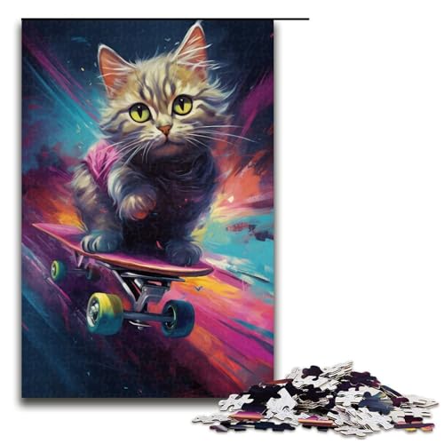 1000-teiliges Puzzle für Erwachsene mit Skateboard-Katze, lustiges Puzzle, geeignet für Jugendliche ab 14 Jahren (Größe 50 x 75 cm) von WGLINGX