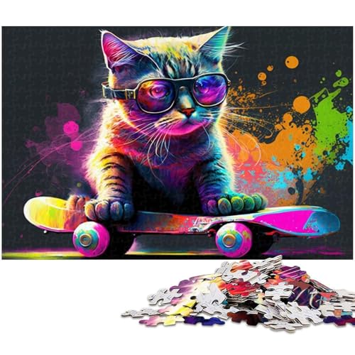 1000-teiliges Puzzle für Erwachsene mit Skateboard-Katzenmotiv und vollständig ineinandergreifenden, zufällig geformten Teilen (Größe 38 x 26 cm) von WGLINGX