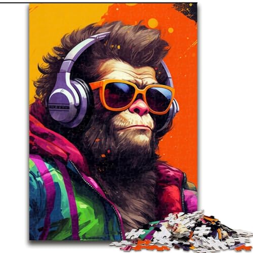 1000-teiliges Puzzle mit Affenkopfhörern, Holzpuzzle, interaktives Familienspiel, Denksportaufgabe, Geschenk, Lernspielzeug (Größe 38x26cm) von WGLINGX
