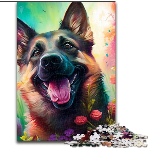 1000-teiliges Puzzle mit Blumenschäferhund, Holzpuzzle, interaktives Familienspiel, Denksportaufgabe, Geschenk, Lernspielzeug (Größe 38x26cm) von WGLINGX