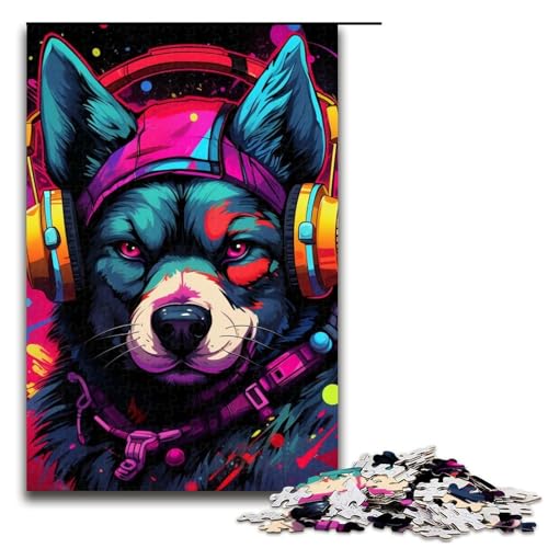 1000-teiliges Puzzle mit Kopfhörern und Hund, Puzzle für Erwachsene, schwieriges und anspruchsvolles Holzpuzzle (Größe 50 x 75 cm) von WGLINGX