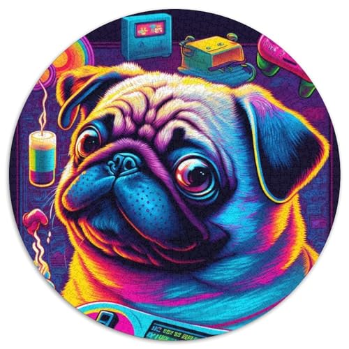 1000-teiliges Puzzlespiel Mops, 1000 Teile, rundes Puzzle, Geschenke, perfekt für Teenager und Sammler, ideale Heimdekoration und Reisegeschenk, 1000 Teile (67,5x67,5cm) von WGLINGX