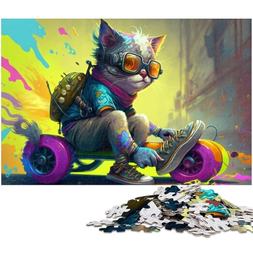 1000-teiliges Skateboard-Katzen-Puzzle für Erwachsene, Lernpuzzle, Geburtstagsgeschenk für Teenager ab 14 Jahren (Größe 50 x 75 cm) von WGLINGX