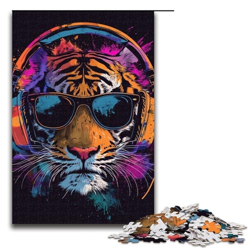 1000-teiliges Tiger-mit-Kopfhörer-Puzzle für Erwachsene, Lernpuzzle, Geburtstagsgeschenk für Teenager ab 14 Jahren (Größe 50 x 75 cm) von WGLINGX