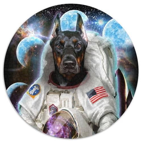 Astronauten-Dobermann-Puzzle für Erwachsene, 1000-teiliges, rundes Puzzle, Denkspiel, interaktives Familienspiel, geeignet für Kinder ab 14 Jahren (67,5x67,5cm) von WGLINGX