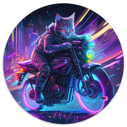 Biker-Katzen-Puzzle für Erwachsene, 1000-teiliges, rundes Puzzle, Denkspiel, interaktives Familienspiel, geeignet für Kinder ab 14 Jahren (67,5x67,5cm) von WGLINGX