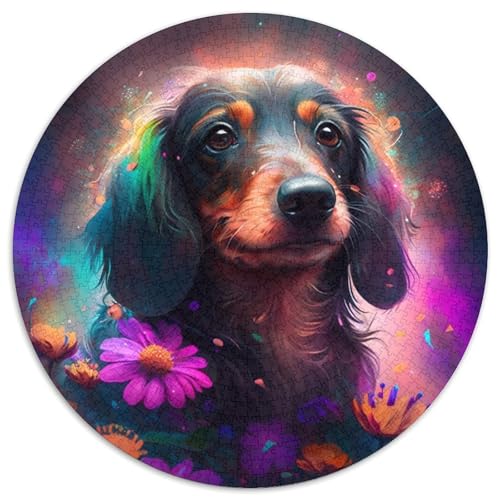 Blumen-Dackel-Puzzle für Erwachsene, 1000-teiliges, rundes Puzzle, Denkspiel, interaktives Familienspiel, geeignet für Kinder ab 14 Jahren (67,5x67,5cm) von WGLINGX