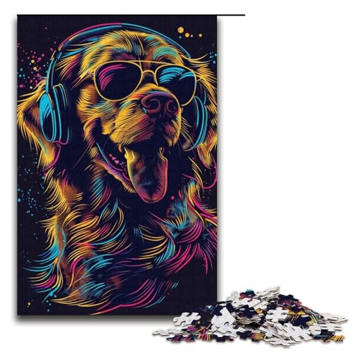 Golden Retriever mit Kopfhörer-Puzzle, 1000 Teile, Puzzle für Erwachsene, praktisches Spiel, Kunstwerk, Geschenk, geeignet für Teenager ab 14 Jahren (Größe 38 x 26 cm) von WGLINGX