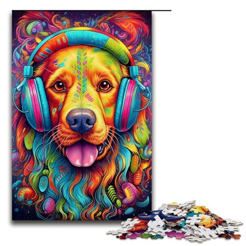 Golden Retriever mit Kopfhörer-Puzzle, 1000 Teile, Puzzle für Erwachsene, praktisches Spiel, Kunstwerk, Geschenk, geeignet für Teenager ab 14 Jahren (Größe 50 x 75 cm) von WGLINGX