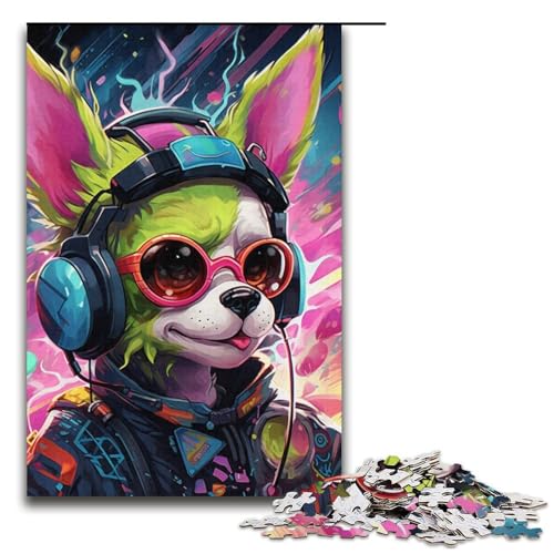 Hund mit Kopfhörer-Puzzle, 1000 Teile, Puzzle für Erwachsene, Lernspiele, trainieren Sie Ihr Gehirn und Ihre Hände, geeignet für Jugendliche ab 14 Jahren (Größe 38 x 26 cm) von WGLINGX
