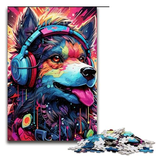 Hund mit Kopfhörer-Puzzle, 1000 Teile, Puzzle für Erwachsene, Lernspiele, trainieren Sie Ihr Gehirn und Ihre Hände, geeignet für Jugendliche ab 14 Jahren (Größe 50 x 75 cm) von WGLINGX