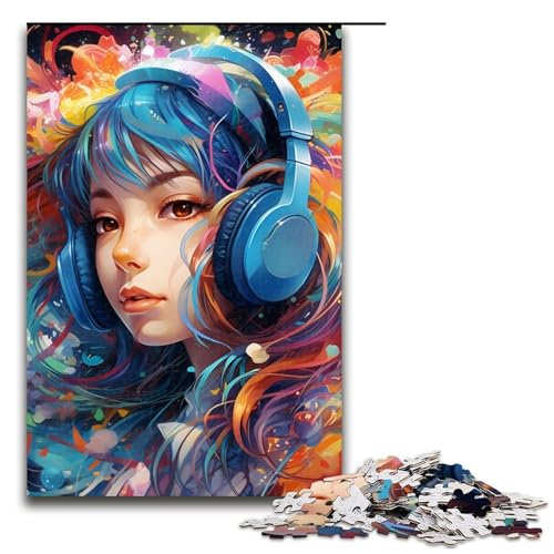 Kopfhörer-Anime-Mädchen-Puzzle für Erwachsene, 1000-teiliges Puzzle – anspruchsvolles Spiel mit passendem Poster und Quizblatt (Größe 50 x 75 cm) von WGLINGX