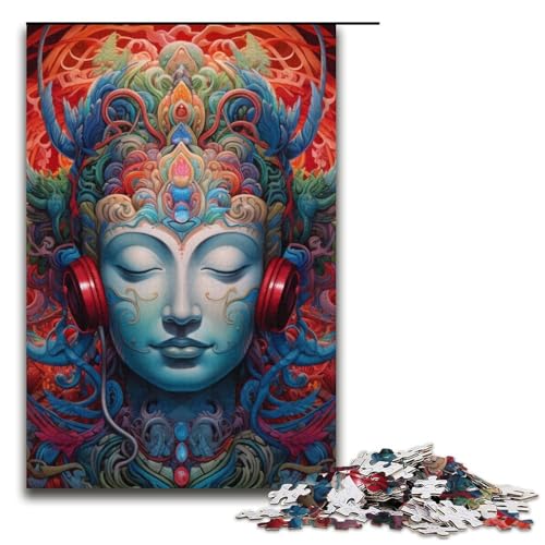 Kopfhörer-Buddha-Statue-Puzzle für Erwachsene, 1000-teiliges Puzzle – anspruchsvolles Spiel mit passendem Poster und Quizblatt (Größe 38 x 26 cm) von WGLINGX