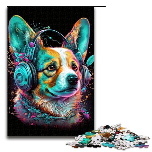 Kopfhörer-Corgi-Puzzle, 1000 Teile, für Erwachsene, geeignet für Paare und Teenager ab 14 Jahren (Größe 50 x 75 cm) von WGLINGX