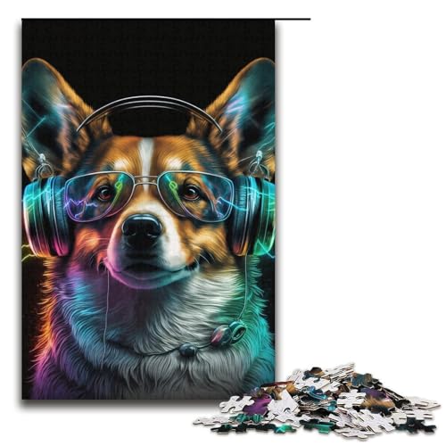Kopfhörer-Corgi-Puzzle mit 1000 Teilen für Erwachsene – Kartonpuzzle zur Heimdekoration (Größe 38 x 26 cm) von WGLINGX