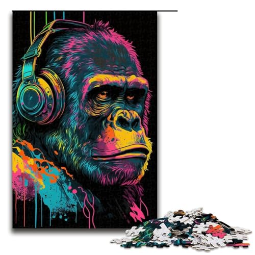 Kopfhörer-Gorilla, 1000-teiliges Puzzle für Erwachsene – Holzpuzzle, Heimdekoration (Größe 50 x 75 cm) von WGLINGX