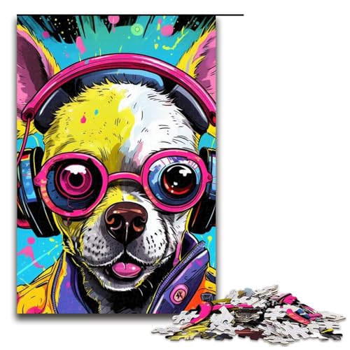 Kopfhörer-Hunde-Puzzle für Erwachsene, 1000-teiliges Puzzle – anspruchsvolles Spiel mit passendem Poster und Quizblatt (Größe 50 x 75 cm) von WGLINGX