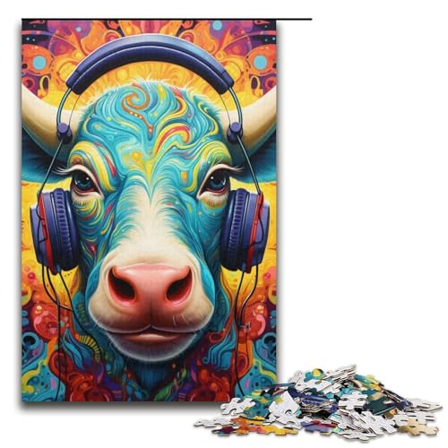Kopfhörer-Kuh, 1000-teiliges Puzzle für Erwachsene, Heimdekorationspuzzle, Eltern-Kind-Interaktion für Teenager ab 14 Jahren (Größe 38 x 26 cm) von WGLINGX