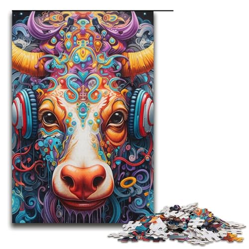 Kopfhörer-Kuh-Puzzle, 1000 Teile, Puzzle für Erwachsene, Kunstwerk, Weihnachts- und Geburtstagsgeschenk für Teenager ab 14 Jahren (Größe 38 x 26 cm) von WGLINGX