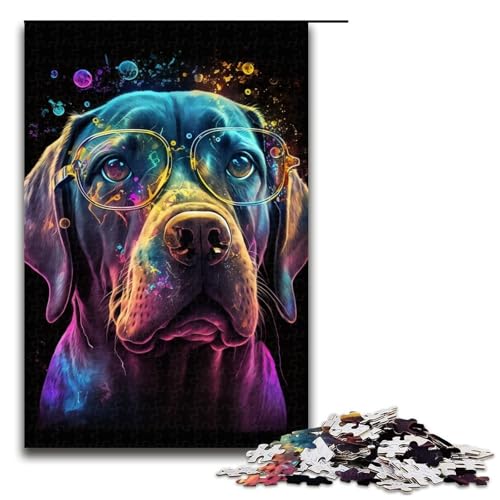Labrador mit Brille, 1000-teiliges Puzzle für Erwachsene – Holzpuzzle, Heimdekoration (Größe 50 x 75 cm) von WGLINGX