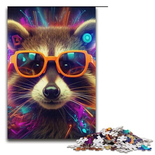 Lernpuzzle 1000 Teile Neonbrille Waschbär Puzzle für Erwachsene Weihnachtspuzzle Geschenke für Teenager ab 14 Jahren 14,96x10,24 Zoll von WGLINGX