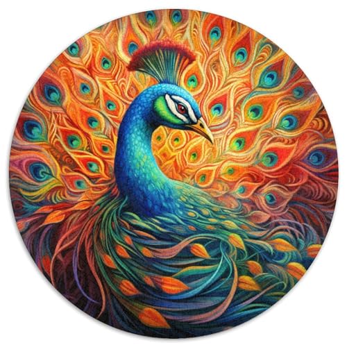 Psychedelisches Pfauen-Puzzle für Erwachsene, 1000-teiliges, rundes Puzzle, Denkspiel, interaktives Familienspiel, geeignet für Kinder ab 14 Jahren (67,5x67,5cm) von WGLINGX