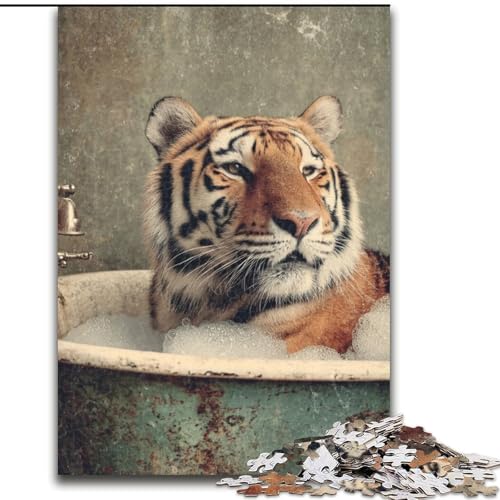 Puzzle 1000 Teile, Badezimmer-Tiger-Puzzle, 1000 Teile, Familienspaß zum Basteln, perfekt für Geburtstage, Feiertage (Größe 50x75cm) von WGLINGX