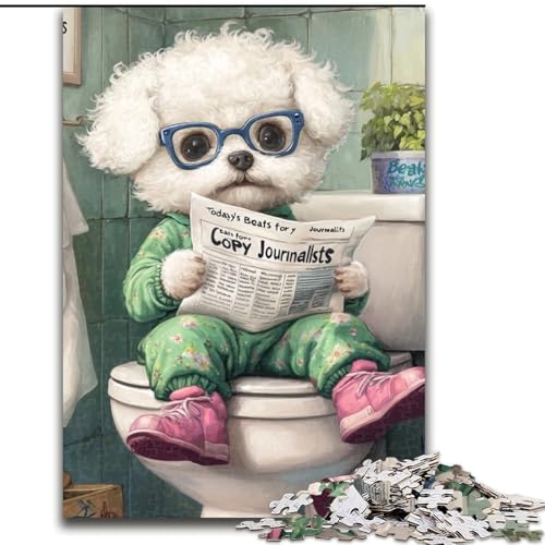 Puzzle 1000 Teile, Bichon Frise Go Toilet, Unmögliches Puzzle für Erwachsene, Lernspiel, Herausforderungsspielzeug (Größe 38x26cm) von WGLINGX