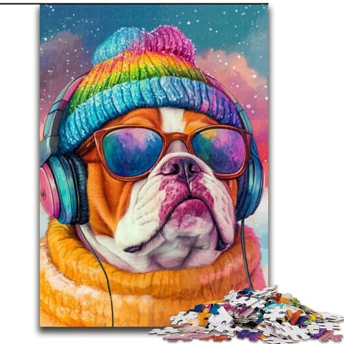 Puzzle 1000 Teile, Bulldogge hört Musik, 1000-teiliges Puzzle, anspruchsvolles Denkspiel für Teenager, perfekt als Heimdekoration oder Geschenk (Größe 50x75cm) von WGLINGX