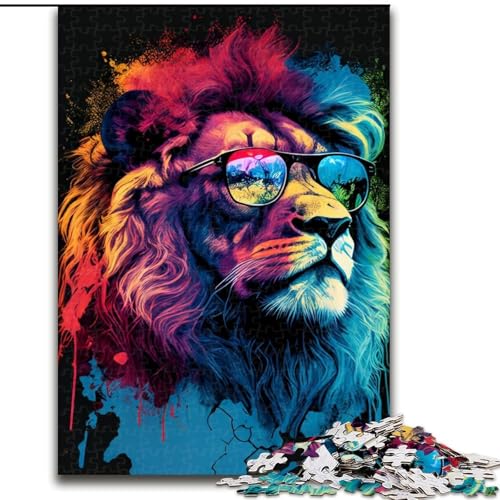 Puzzle 1000 Teile, Bunter Löwe mit Brille, Holzpuzzle, DIY-Heimdekoration, Denksportspiel für Teenager (Größe 26x38cm) von WGLINGX