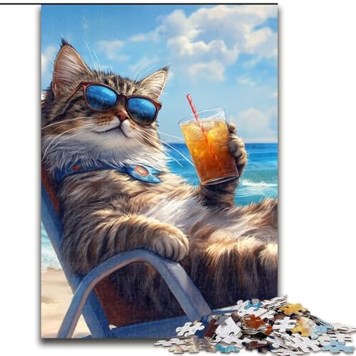 Puzzle 1000 Teile, Katze im Urlaub, Holzpuzzle für Erwachsene, interaktives Familienspiel, Denksportaufgabe, Geschenk, Lernspielzeug (Größe 50x75cm) von WGLINGX
