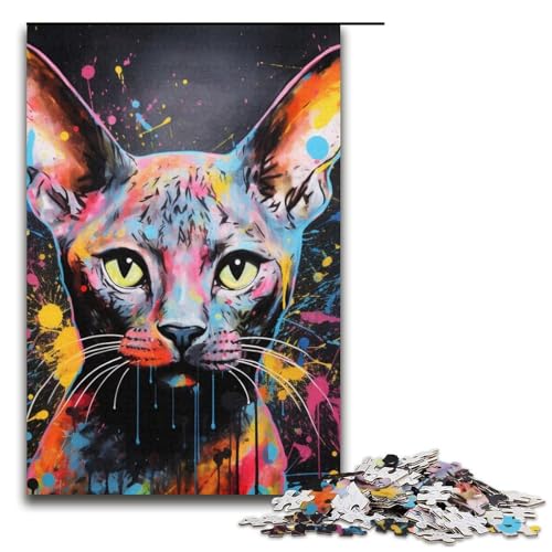 Puzzle 1000 Teile, Psychedelisches Katzenkunst-Graffiti-Puzzle für Erwachsene, Kartonpuzzle, anspruchsvolles Spiel, 14,96 x 10,24 Zoll von WGLINGX