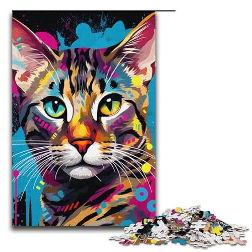 Puzzle 1000 Teile, Psychedelisches Katzenkunst-Graffiti-Puzzle für Erwachsene, Kartonpuzzle, anspruchsvolles Spiel, 14,96 x 10,24 Zoll von WGLINGX