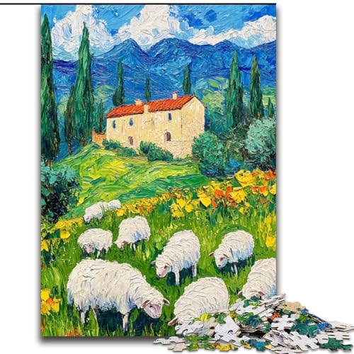 Puzzle 1000 Teile, Schafherde, Ölgemälde, 1000 Teile, Puzzle-Geschenke, anspruchsvolles DIY-Denkspiel, interaktives Familienspiel (Größe 50x75cm) von WGLINGX