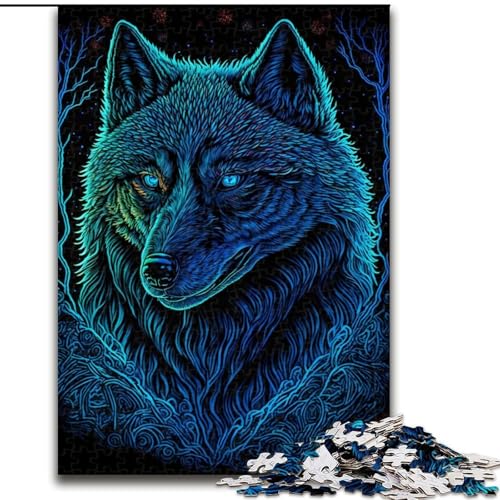 Puzzle 1000 Teile, Schwarzlichtwolf, Holzpuzzle, Spielzeug, Geschenk, pädagogisches, intellektuelles, entspannendes Familienspiel (Größe 50x75cm) von WGLINGX