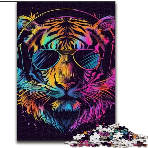 Puzzle 1000 Teile, Tiger mit Kopfhörern, Holzpuzzle, DIY-Heimdekoration, Denksportspiel für Teenager (Größe 50x75cm) von WGLINGX
