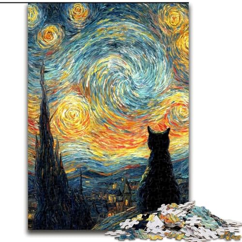 Puzzle 1000 Teile, Van Gogh Nachthimmel, Schwarze Katze, 1000 Teile Puzzle, Geschenke, Familienaktivitätsspiel für Teenager, anspruchsvolles Denkspiel (Größe 26x38cm) von WGLINGX