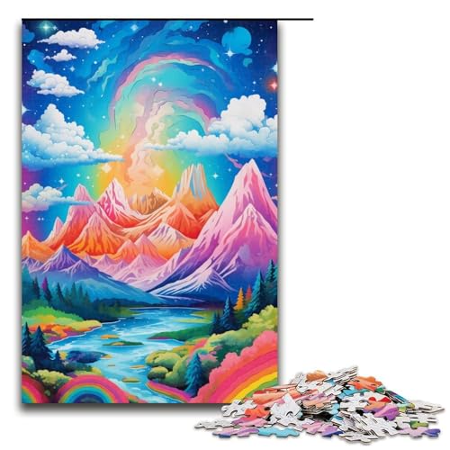 Puzzle 1000 Teile Berg mit bunten Sternen, Puzzle für Erwachsene, Holzpuzzle für Familienspaß und Spieleabend (Größe 50 x 75 cm) von WGLINGX