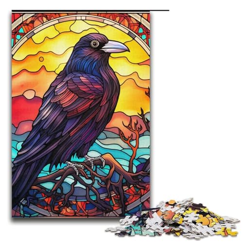 Puzzle 1000 Teile Buntglas-Krähe-Puzzle für Erwachsene, Kartonpuzzle, anspruchsvolles Spiel, 14,96 x 10,24 Zoll von WGLINGX