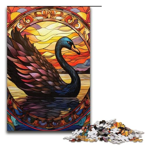 Puzzle 1000 Teile Buntglas Schwarzer Schwan Puzzle für Erwachsene Kartonpuzzle Herausforderndes Spiel 14,96x10,24 Zoll von WGLINGX