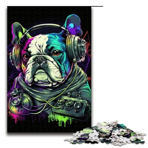 Puzzle 1000 Teile Kopfhörer Bulldog Puzzles für Erwachsene und Teenager Holzpuzzle (Größe 50x75cm) von WGLINGX