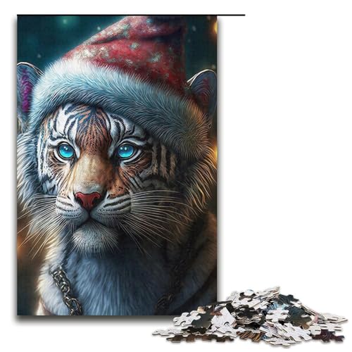 Puzzle 1000 Teile Weihnachtsmannmütze Tiger Puzzle für Erwachsene Kartonpuzzle Herausforderndes Spiel 14,96x10,24 Zoll von WGLINGX