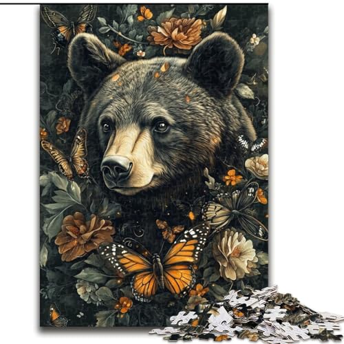 Puzzle 1000 Teile für Erwachsene, Blumen, Schmetterling, Braunbär, Unmögliches Puzzle für Erwachsene, Kunstwerk-Dekor, Intelligenzspielzeug für Familien-Indoor-Spiele (Größe 26x38cm) von WGLINGX
