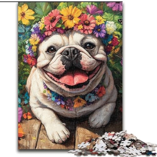 Puzzle 1000 Teile für Erwachsene, Blumen-Bulldogge, 1000-teiliges Puzzle, anspruchsvolles Denkspiel, Spieleabend mit der Familie (Größe 50x75cm) von WGLINGX