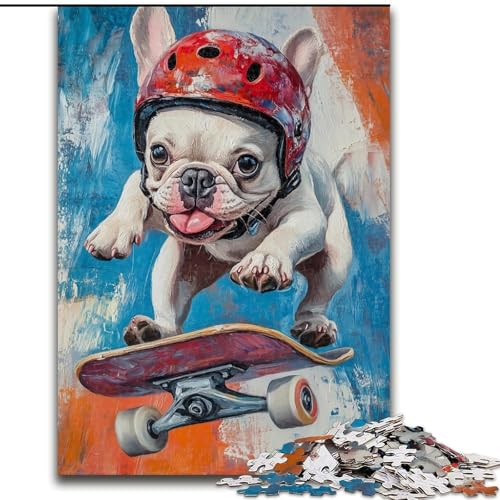 Puzzle 1000 Teile für Erwachsene, Bulldogge, Skateboarding, unmögliche Puzzles für Erwachsene, Kunstwerk-Dekor, Intelligenzspielzeug für Familien-Indoor-Spiele (Größe 26x38cm) von WGLINGX
