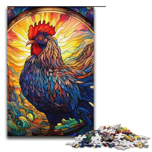 Puzzle 1000 Teile für Erwachsene, Buntglas-Hahn-Puzzle, Heimdekorationspuzzle, anspruchsvolles Spiel und Familienspiel, 14,96 x 10,24 Zoll von WGLINGX